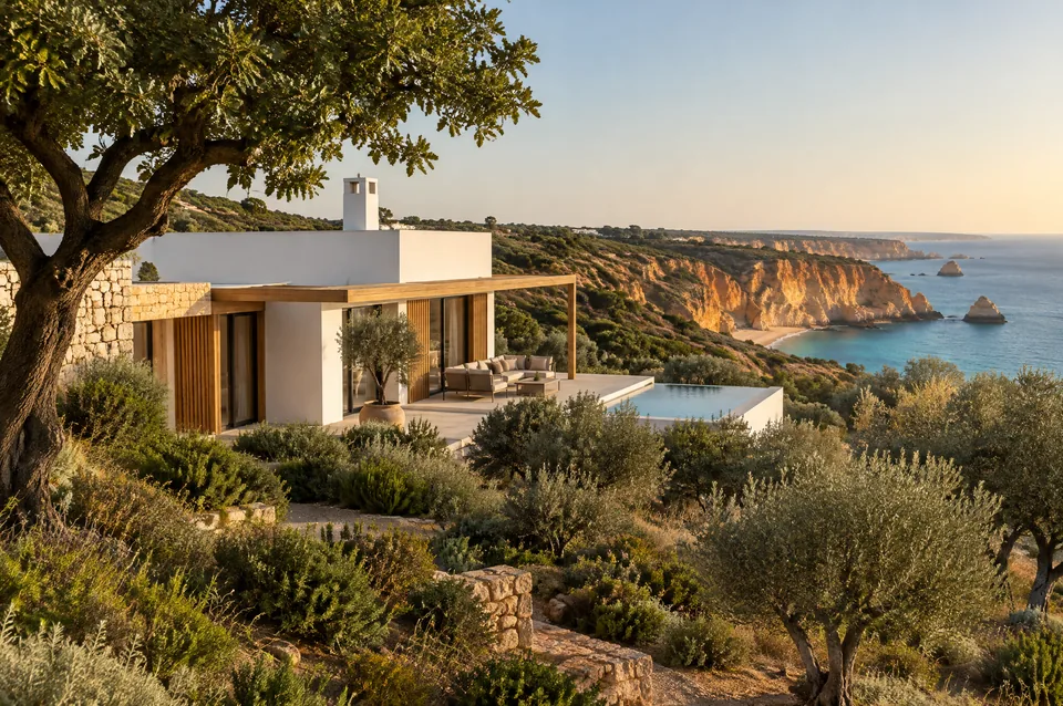 Illustration : villa contemporaine aux accents bois sur une colline de l'Algarve, mer au loin