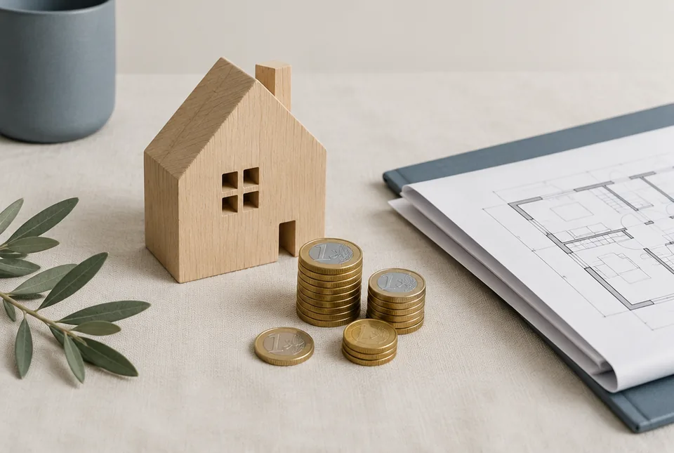 Illustration : maquette de maison en bois, pi&egrave;ces en euros et plan pli&eacute;, budget d'un projet