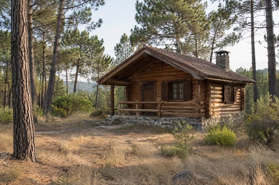 Illustration : petit chalet en madriers de bois empilés dans une pinède du centre du Portugal
