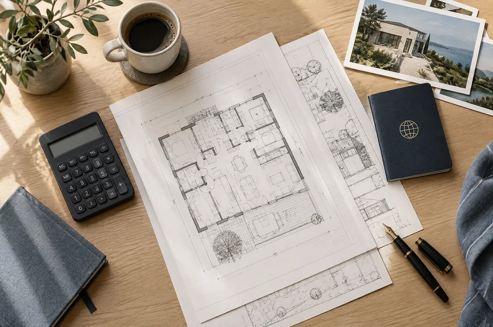 Illustration : plans de maison, calculatrice et passeport sur un bureau, pr&eacute;paration d'un dossier de financement