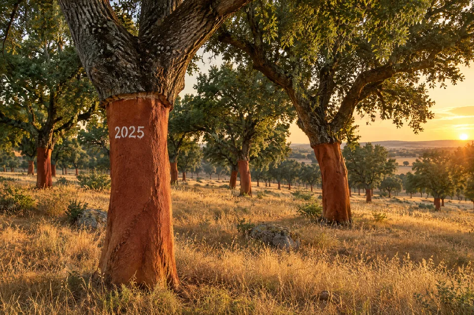 Illustration : ch&ecirc;nes-li&egrave;ges fra&icirc;chement d&eacute;mascl&eacute;s dans un montado de l'Alentejo, ann&eacute;e de r&eacute;colte peinte sur un tronc
