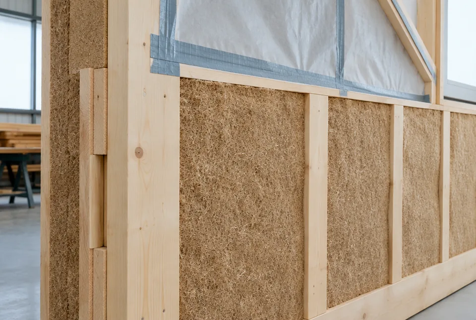Illustration : coupe d'un mur ossature bois avec isolant en fibre de bois et membrane d'&eacute;tanch&eacute;it&eacute; &agrave; l'air
