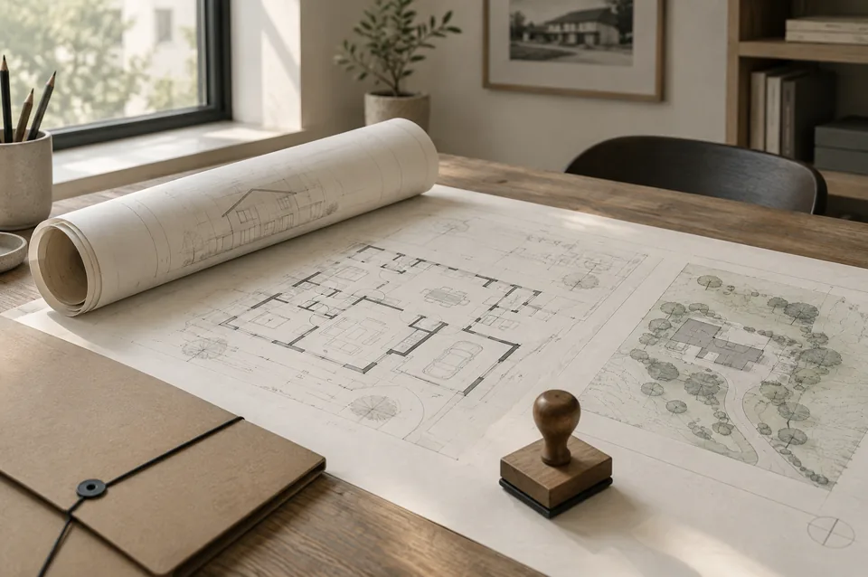 Illustration : table d'architecte avec plan de maison, plan de masse et tampon, dossier de permis de construire