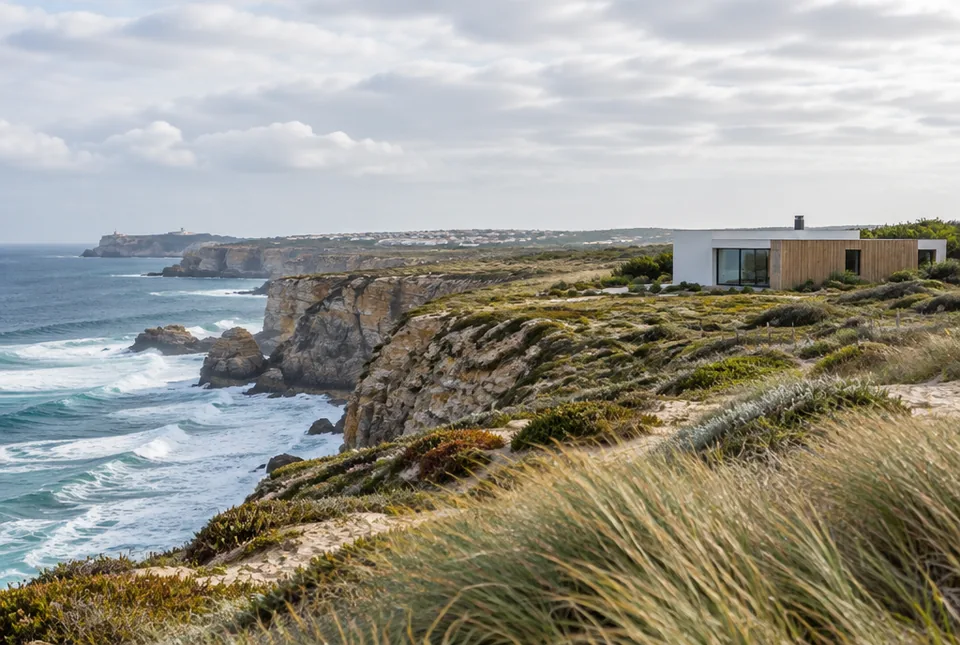 Illustration : falaises et dunes de la Silver Coast pr&egrave;s de Peniche, maison contemporaine en retrait du rivage